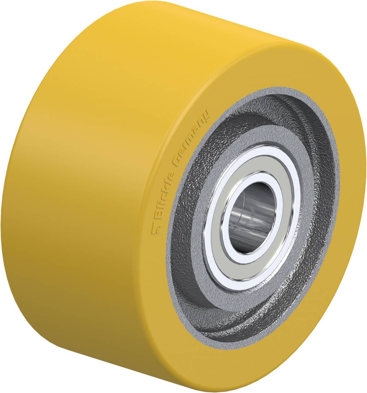 Gelbes Rad mit metallischer Nabe und Lager, geeignet für industrielle Anwendungen. Hauptsächlich aus Gummi und Metall gefertigt.