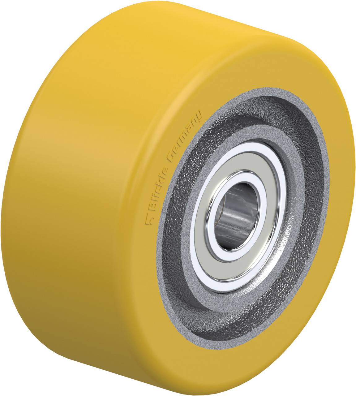 Gelbes Rad aus Polyurethan mit Metallkern und Kugellager, oft für industrielle Anwendungen wie Förderbänder verwendet.