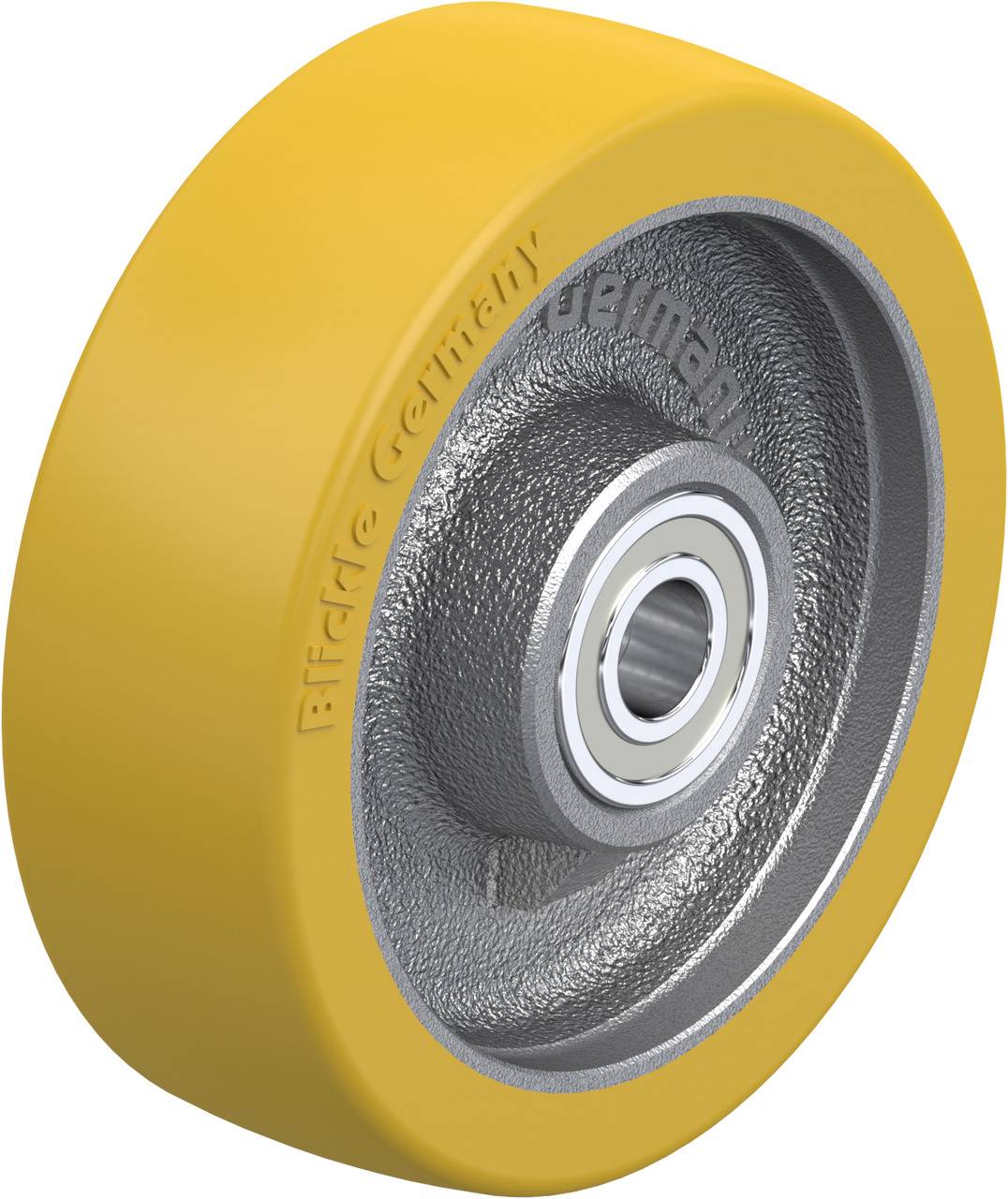 Gelbes Rad mit Lager, geeignet für Maschinen oder Transportwagen, hergestellt in Deutschland.
