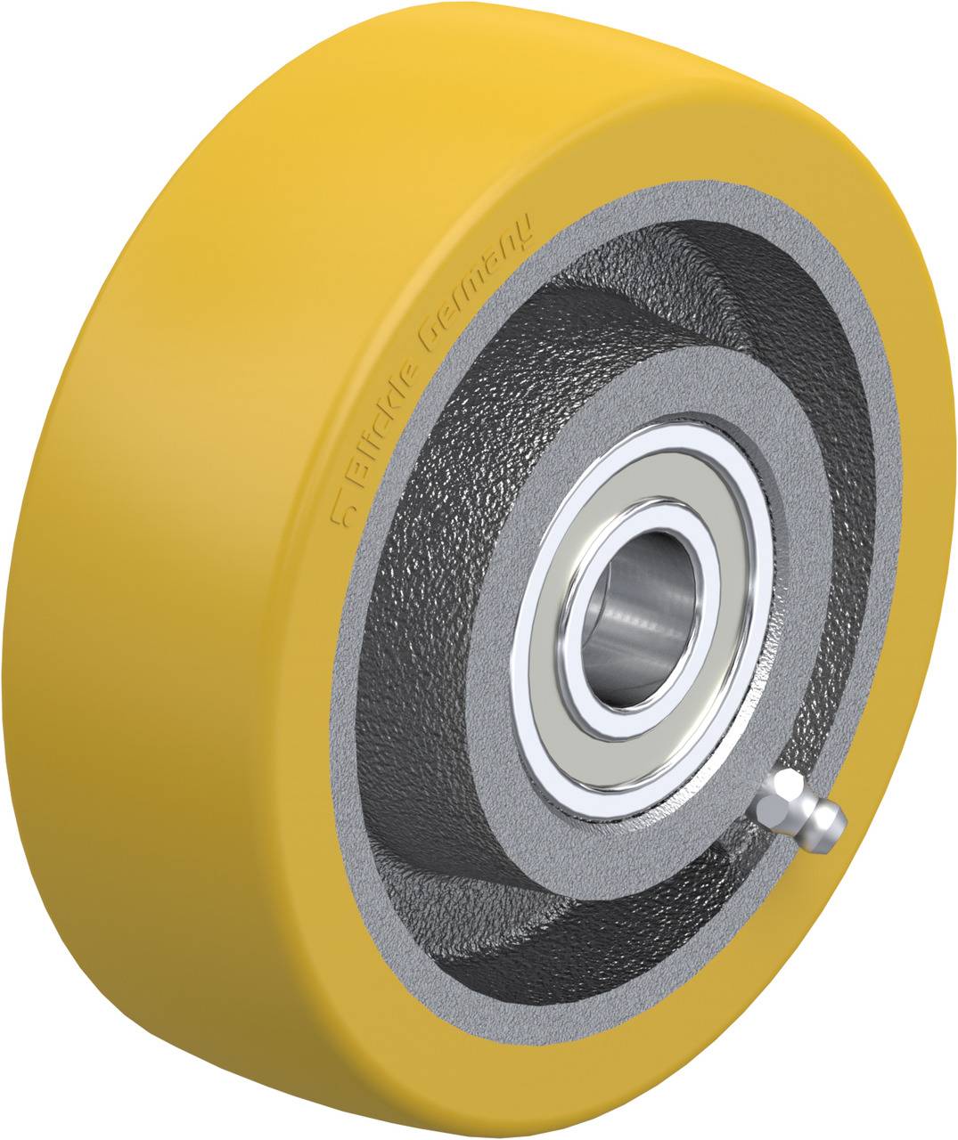 Gelbes Rad mit grauem Metallkern und Kugellager. Verwendet in industriellen Anwendungen, robuster Aufbau.