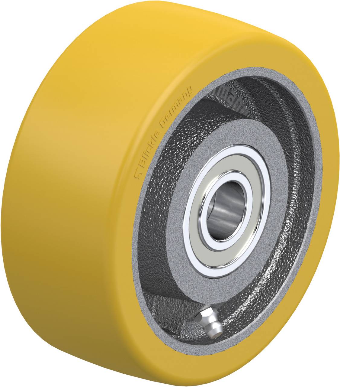 Gelbes Rad aus Gummi mit einem Lager in der Mitte. Es scheint für industrielle Anwendungen konzipiert zu sein.