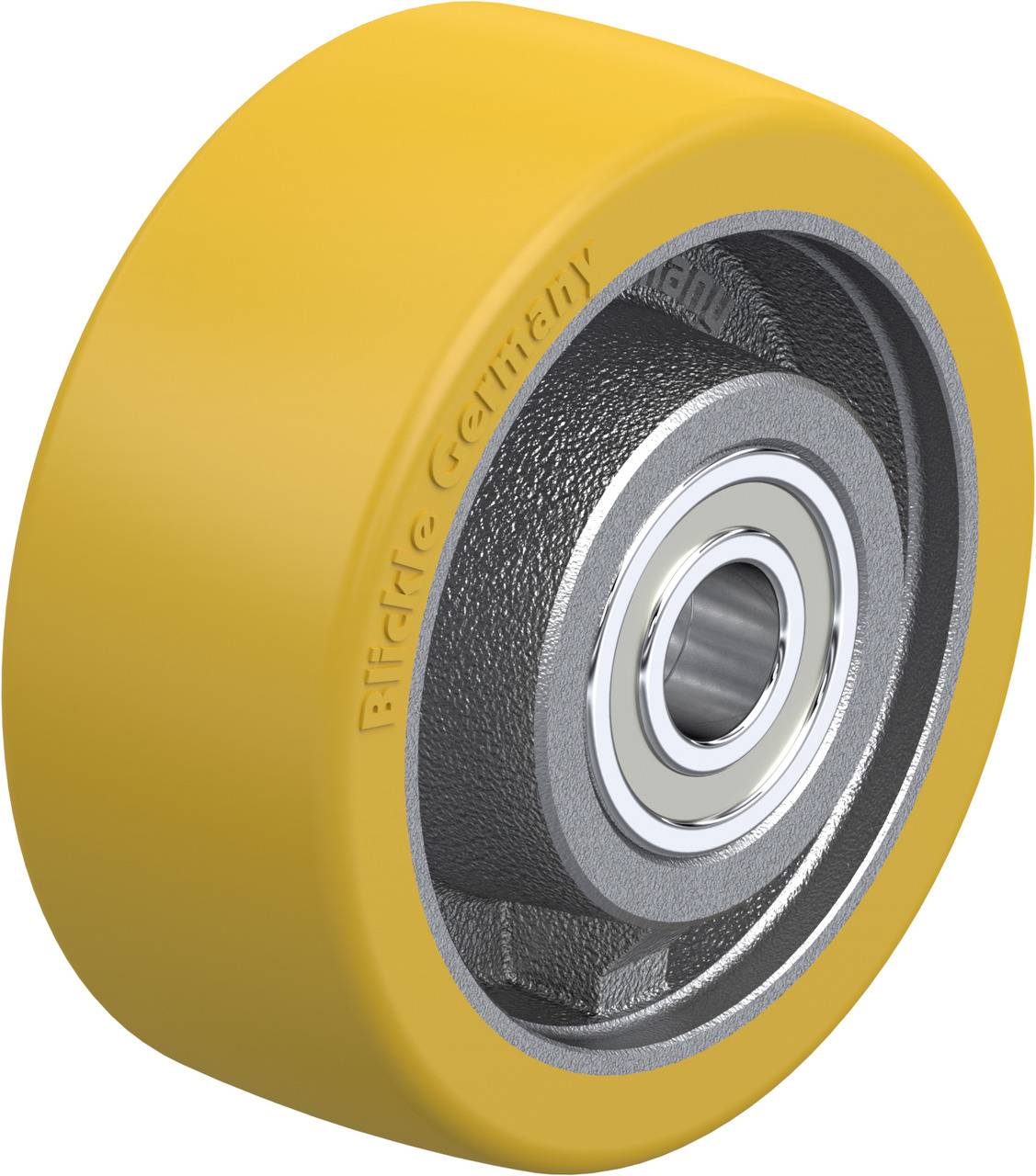 Gelbes Rad mit Metallkern und Kugellager, vermutlich Teil eines industriellen Rollwagens oder Förderbandsystems.