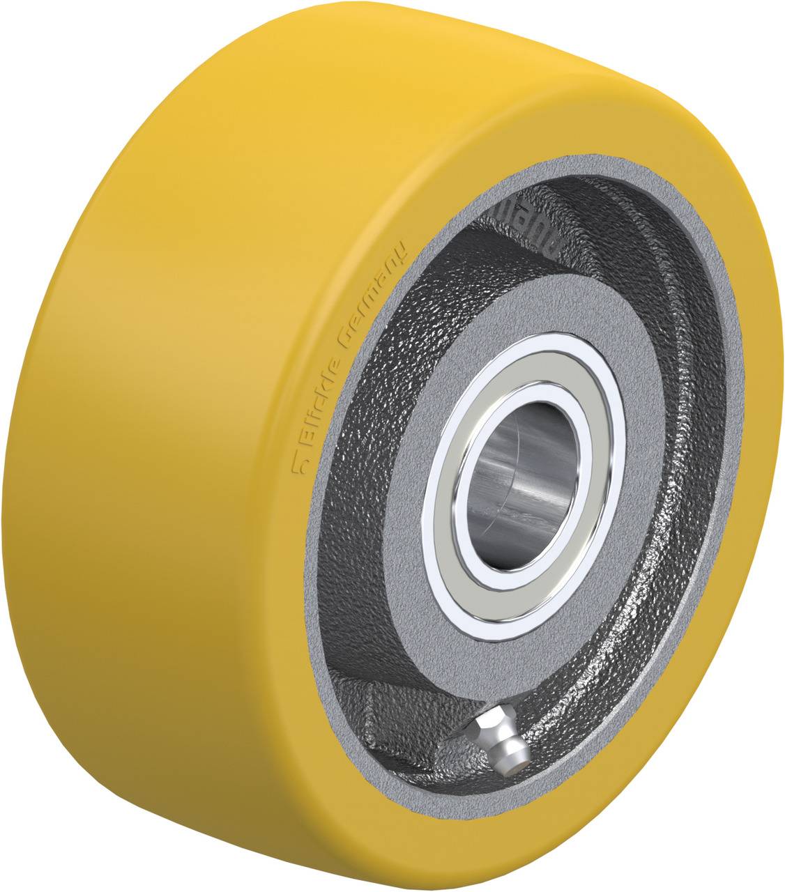 Gelbes Industriekunststoffrad mit Metallelementen und Kugellager, für Maschinen oder Geräte geeignet.