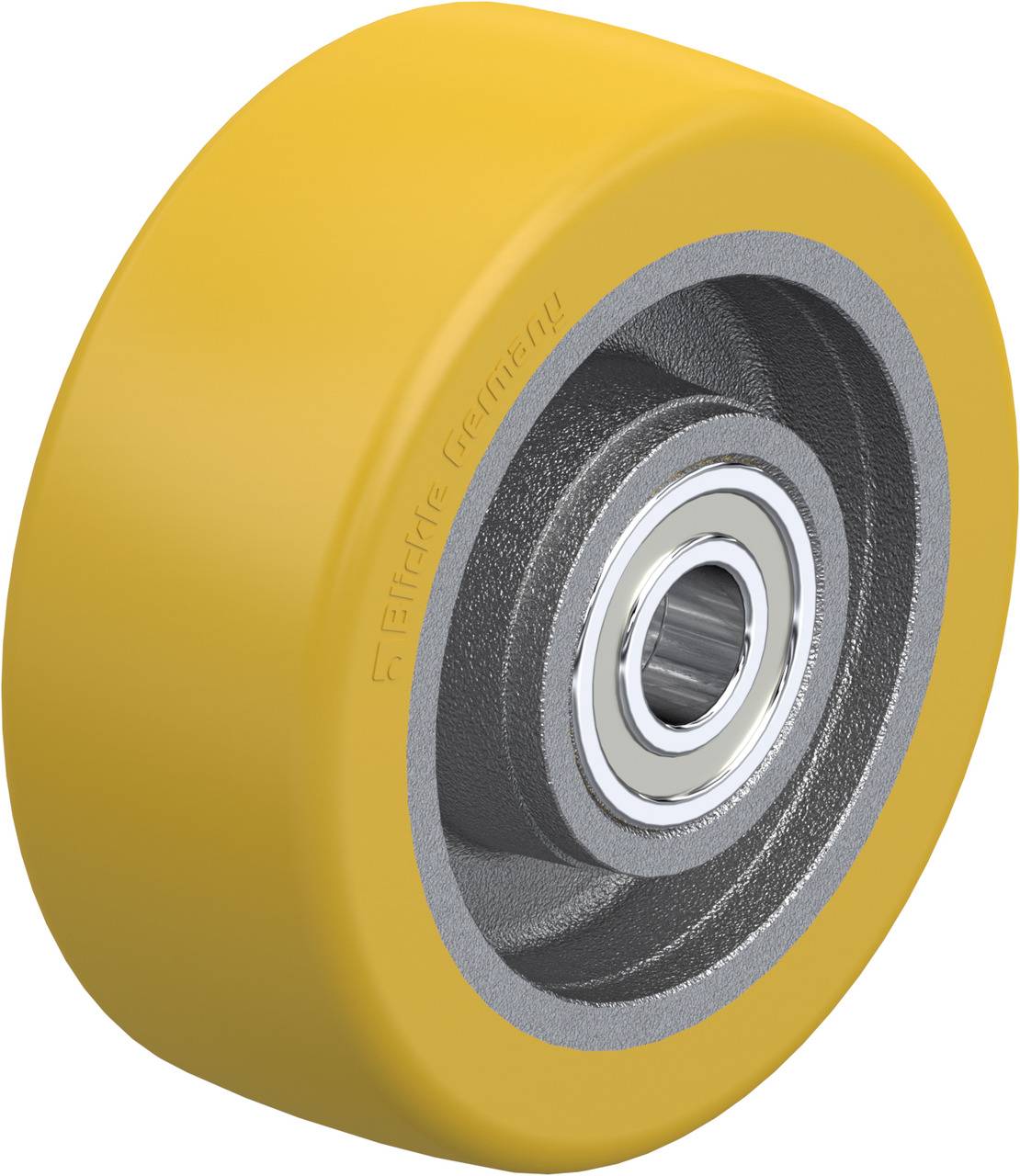 Gelbes Rad aus Polyurethan mit Metallkern, sichtbar sind Kugellager. Geeignet für Anwendungen mit hoher Tragfähigkeit und Belastbarkeit.