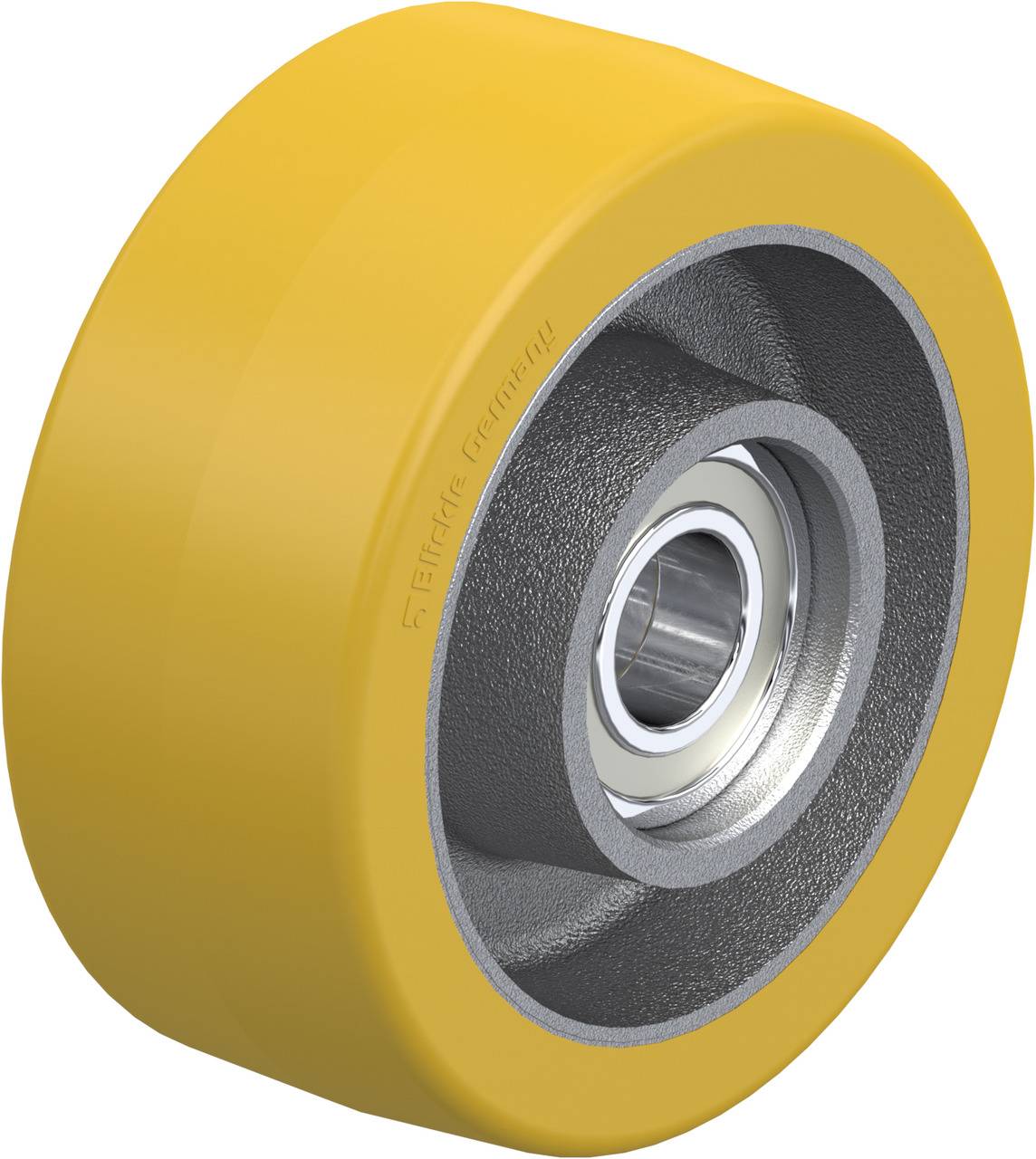 Gelbes Rad mit Metalllager, wahrscheinlich für Industrie-Nutzung. Robustes Design für schwere Lasten und glatten Lauf.