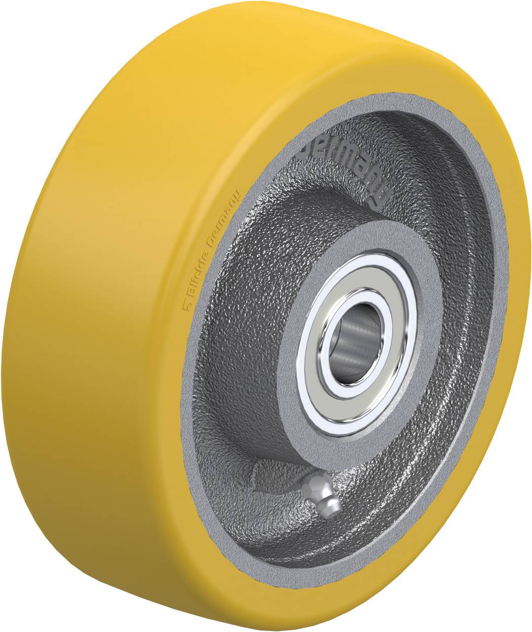 Gelbes Rad mit Metallkern und Kugellager in der Mitte. Das Design ist robust und für industrielle Anwendungen geeignet.