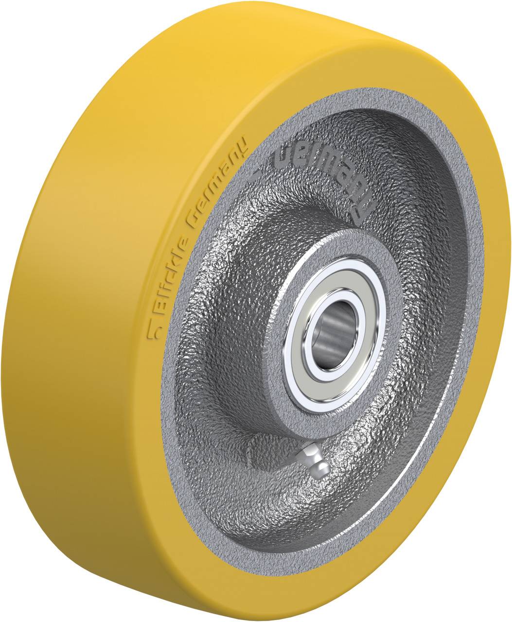 Gelbes Industrie-Rad mit metallischer Mitte und Kugellager, seitlich gesehen.
