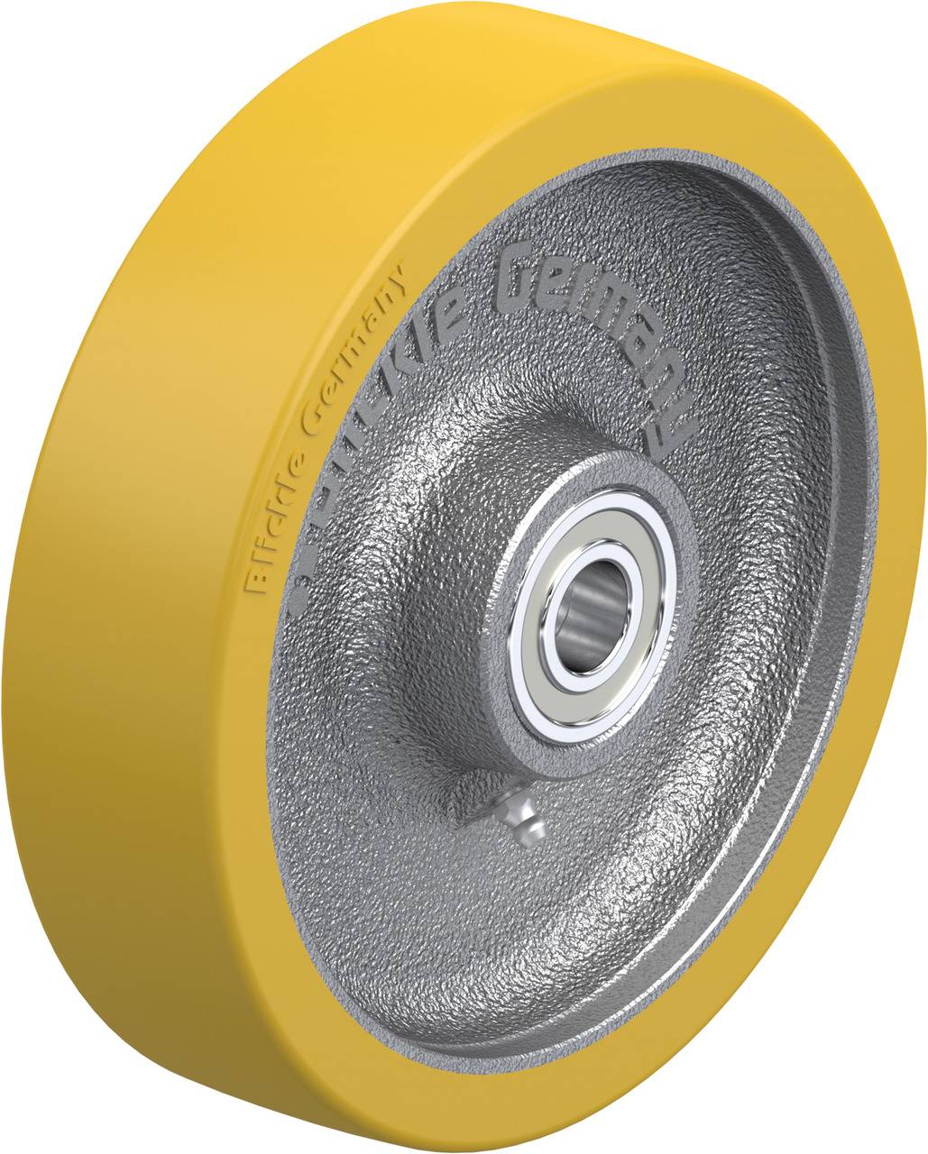 Ein gelbes Rad mit Metallkern und Kugellager, geeignet für Möbel oder leichte Maschinen. Es ist robust und langlebig gebaut.