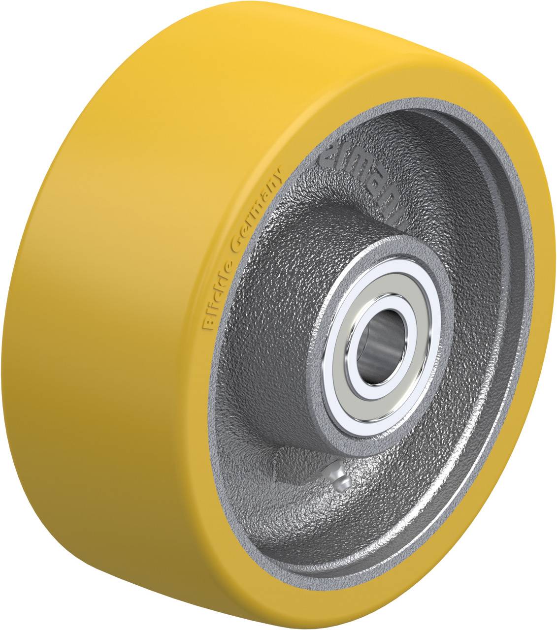 Gelbes Industrierad mit grauem Metallkern und Kugellagern, geeignet für schwere Lasten und industrielle Anwendungen.