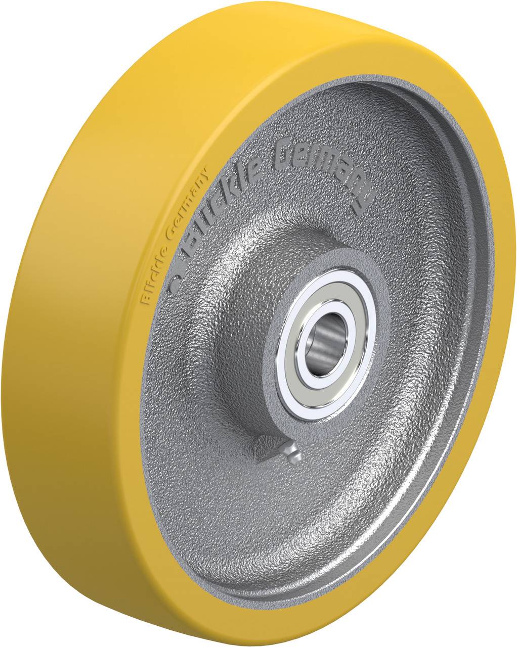 Ein gelbes Rad mit Graugusskern und Kugellager, geeignet für schwere Lasten.