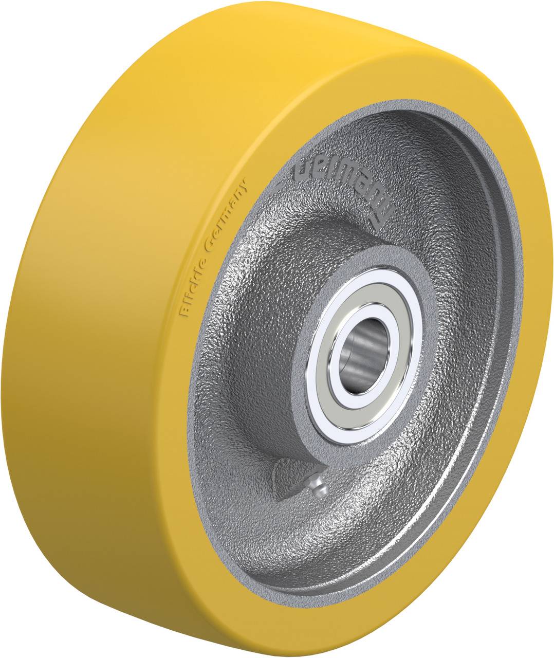 Gelbes Rad aus Polyurethan mit Metallkern, geeignet für industrielle Anwendungen. Zeigt die Struktur und Befestigung der Radnabe.