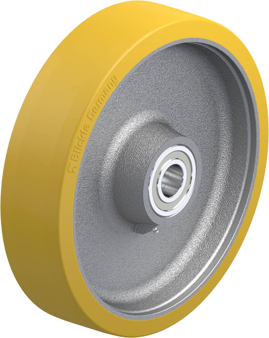 Gelbes Polyurethanrad mit silbernem Metallkern und kugelgelagerter Nabe, geeignet für schwere Lasten und industrielle Anwendungen.