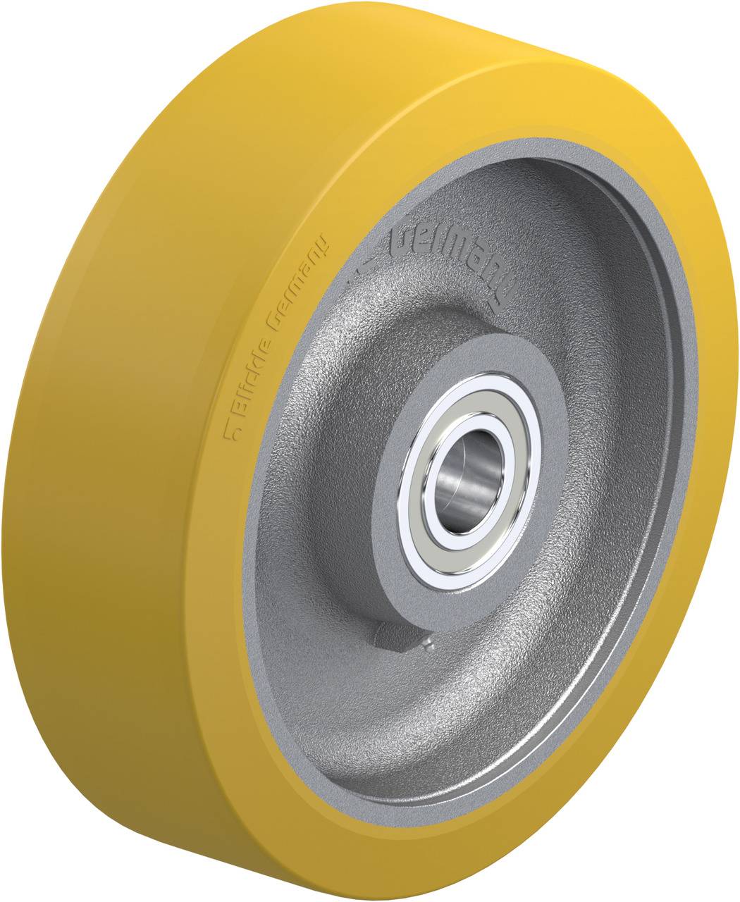 Ein gelbes Rad mit metallischem Innenring, geeignet für verschiedene Maschinenanwendungen.