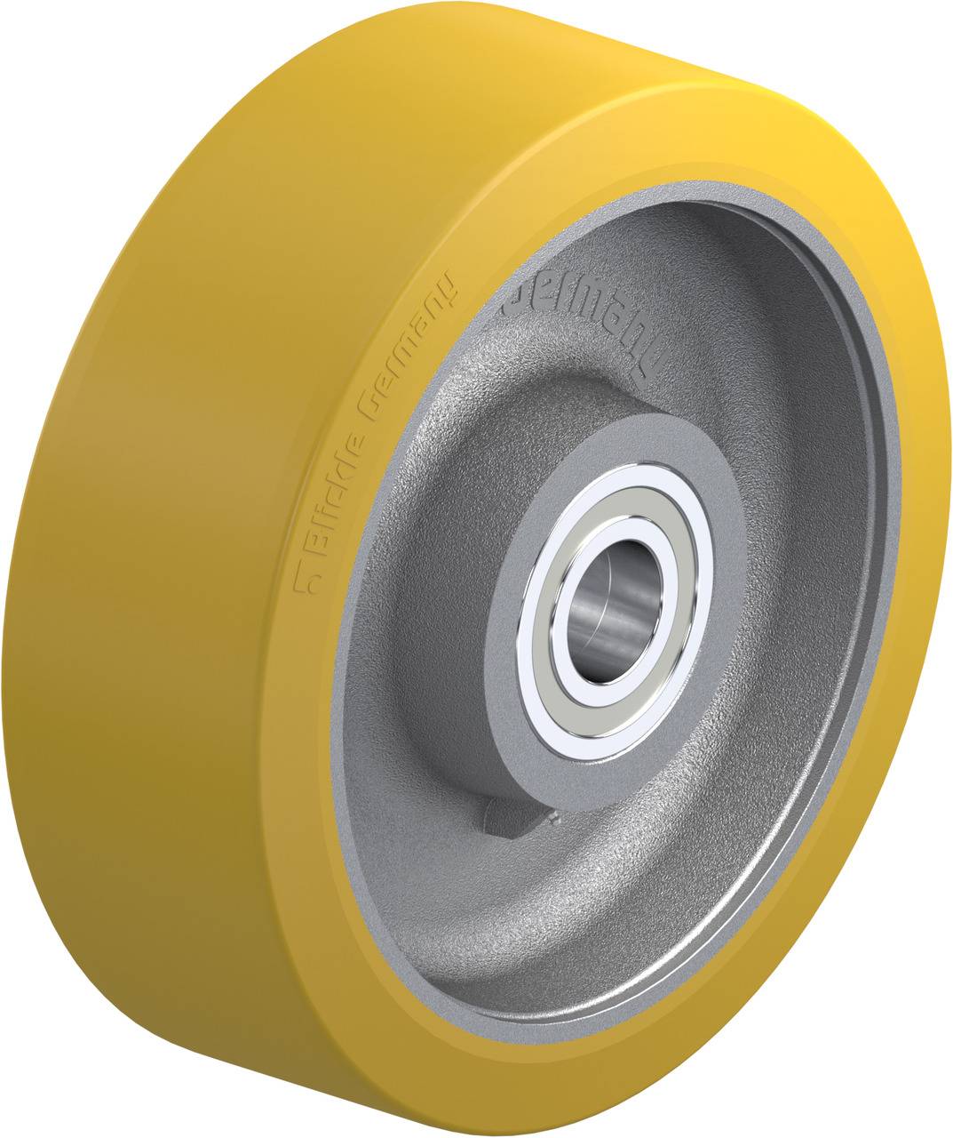 Gelbes Industriefahrwerk mit silbernem Radkern und Kugellager, geeignet für schwere Lasten in Lager- und Fabrikumgebungen.