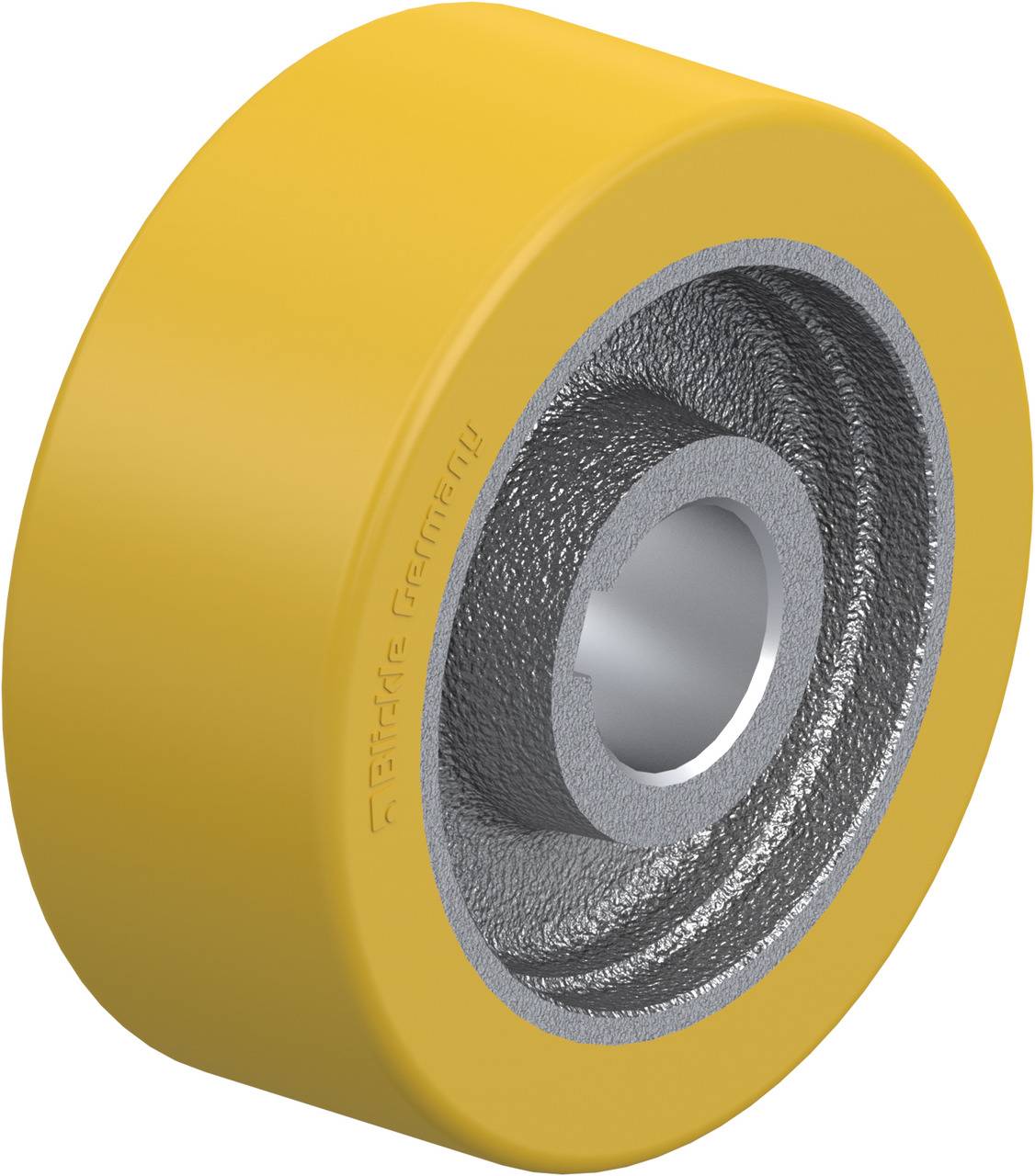 Gelbes Rad mit silberner Innenfläche, wahrscheinlich ein industrielles Lauf- oder Antriebsrad, von Blickle Germany.