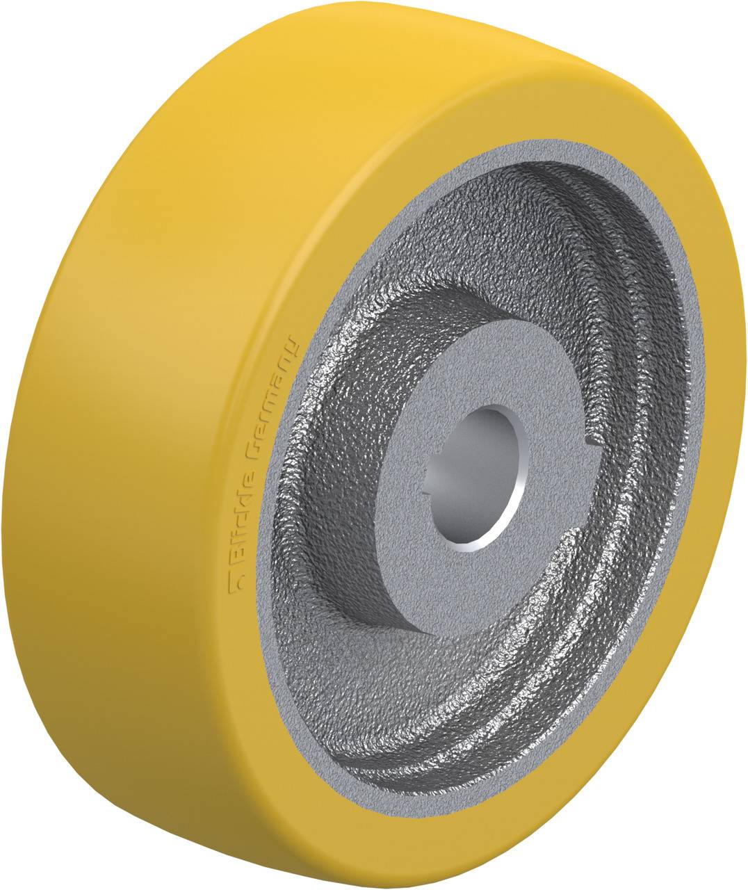 Ein gelbes Rad mit metallischem Innenring, geeignet für industrielle Anwendungen, zeichnet sich durch Robustheit und Langlebigkeit aus.