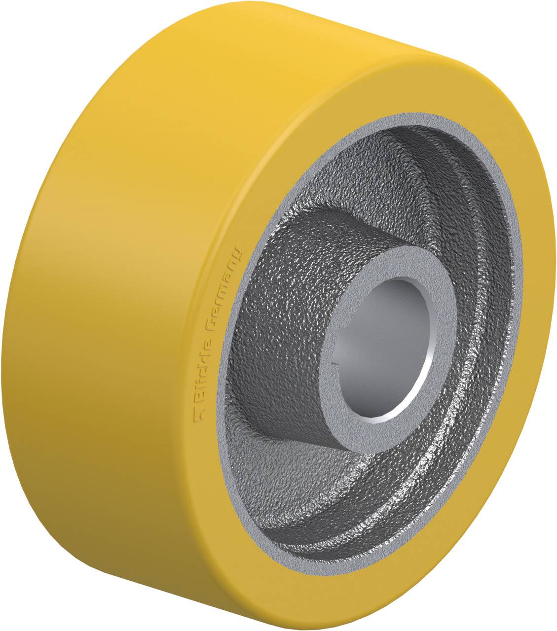 Gelbes Rad mit grauem Metallkern, zeigt industrielles Design, vermutlich Teil eines Maschinenbaus.