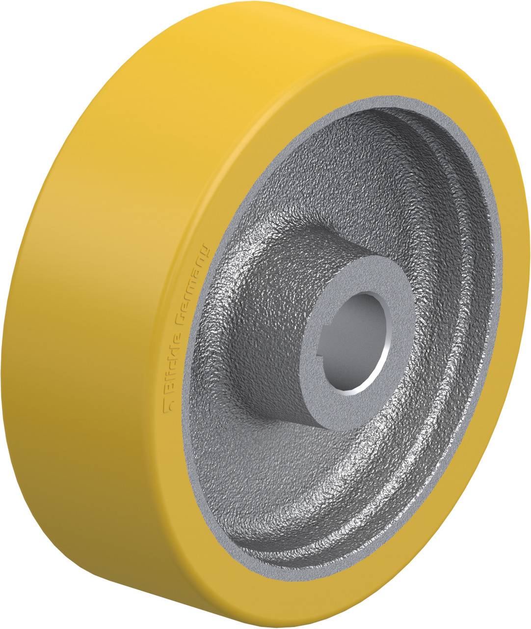 Gelbes Gummirad mit silbernem Metallkern, geeignet für mechanische Anwendungen oder industrielle Maschinen.