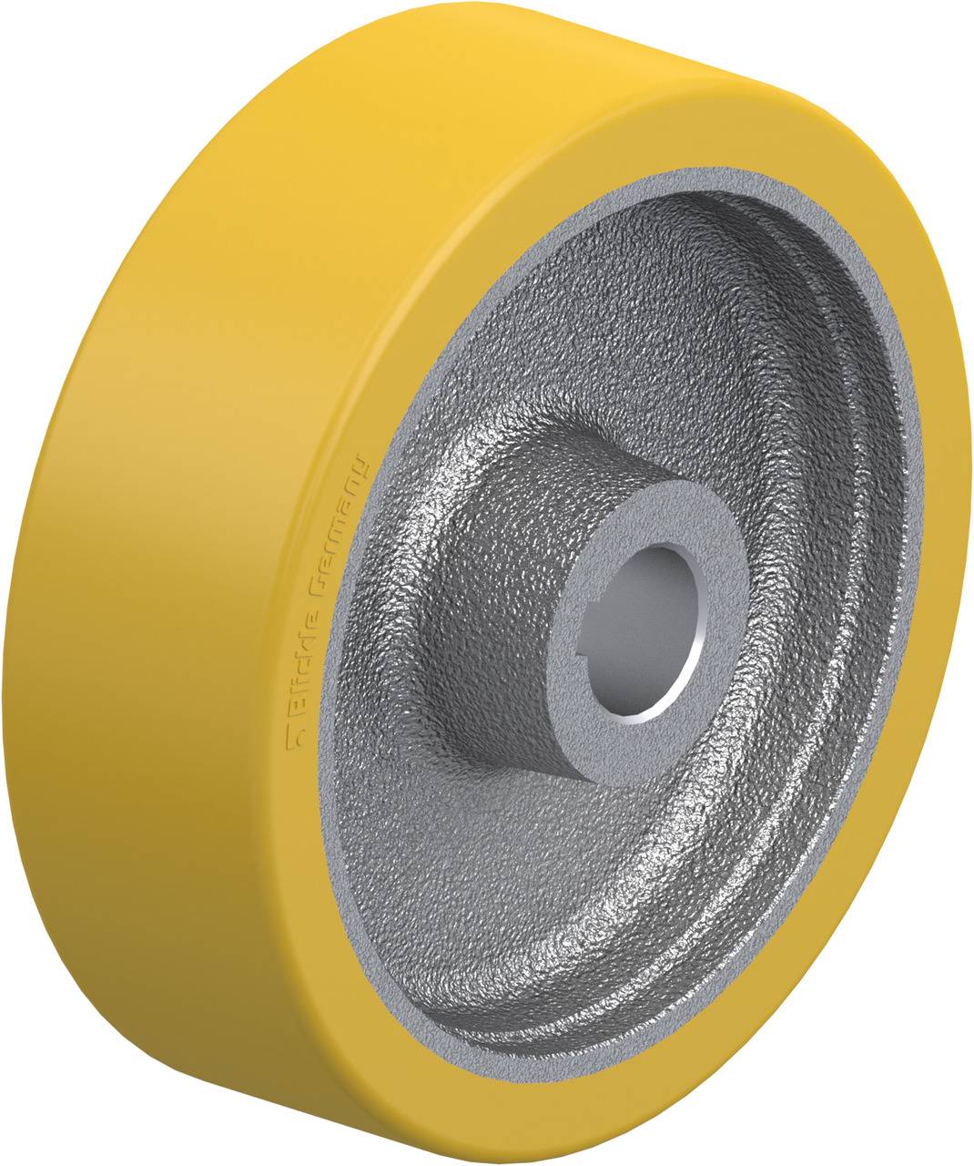 Gelbes Rad aus Metall und Gummi mit einer zentralen Öffnung, vermutlich ein Ersatzteil für eine Maschine oder ein Fahrzeug.