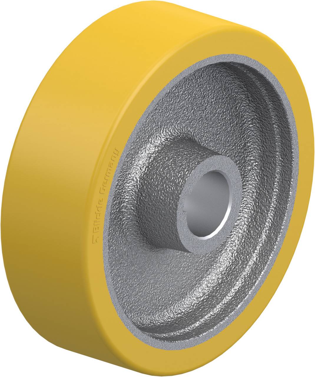 Gelbes Rad aus Metall und Gummi, möglicherweise für Maschinen oder Transportgeräte, in einer detailreichen Nahaufnahme dargestellt.