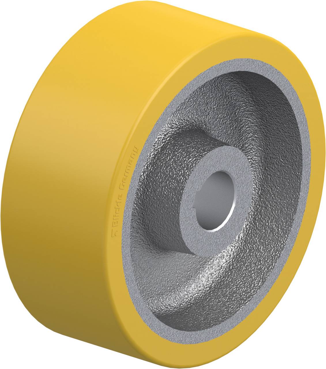 Gelbes Industrie-Rad mit metallener Mitte, geeignet für Maschinen- oder Förderanlageneinsatz, zeigt stabilen Aufbau und strapazierfähige Oberfläche.