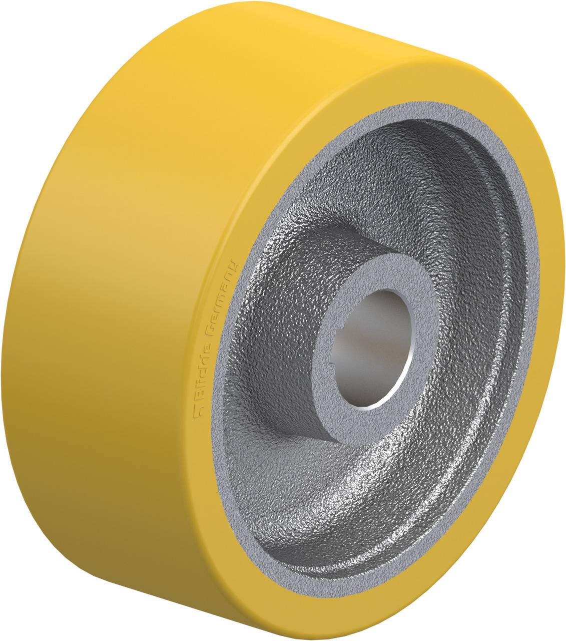 Gelbes Polyurethan-Rad mit Metalldorn, anscheinend für industrielle Anwendungen.