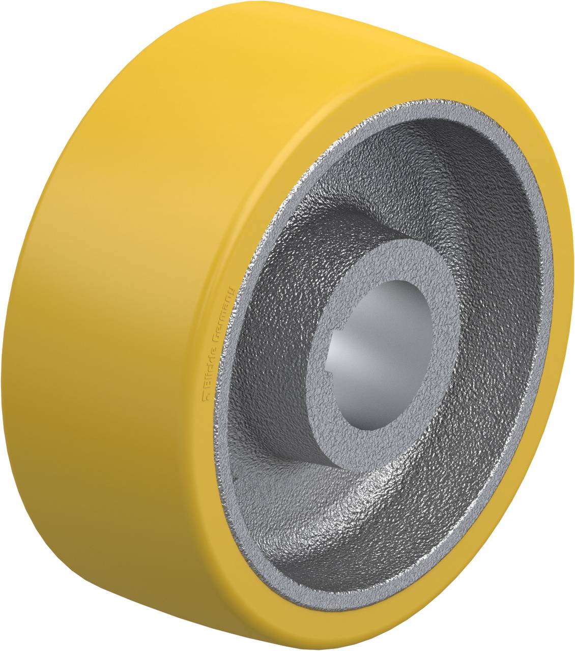 Gelbes Rad aus Metall und Kunststoff, meist für industrielle Zwecke wie Transport oder Maschinenbau verwendet.