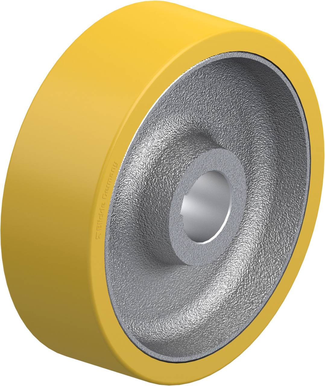 Ein gelbes Rad aus Gummi mit einer Metallfelge in der Mitte, für industrielle Anwendungen. Es hat eine glatte, runde Form.