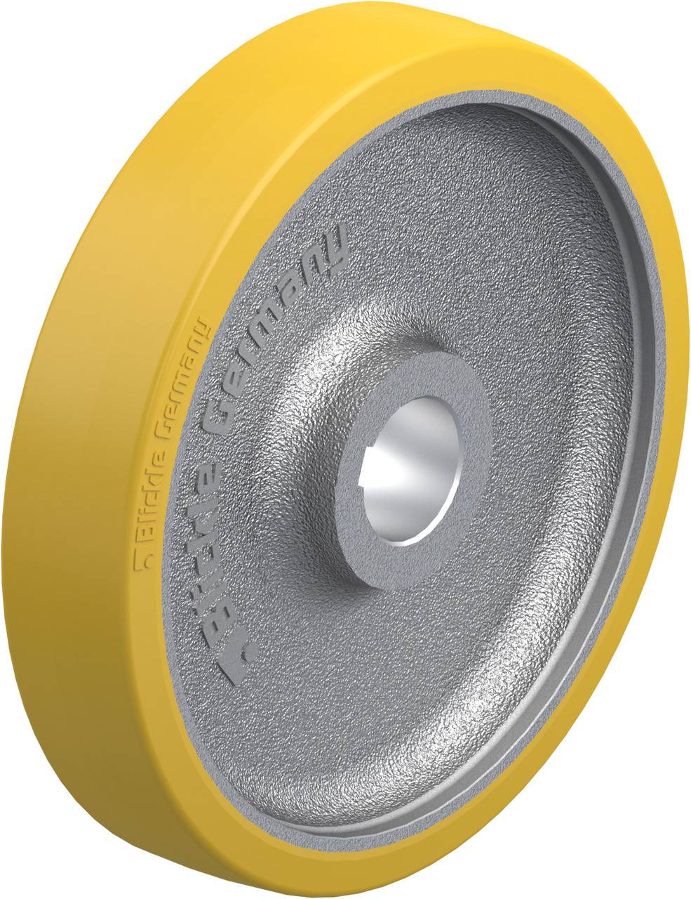 Gelbes Rad mit grauem Metallkern und eingraviertem Text 'Zentral Germany' an der Seite.