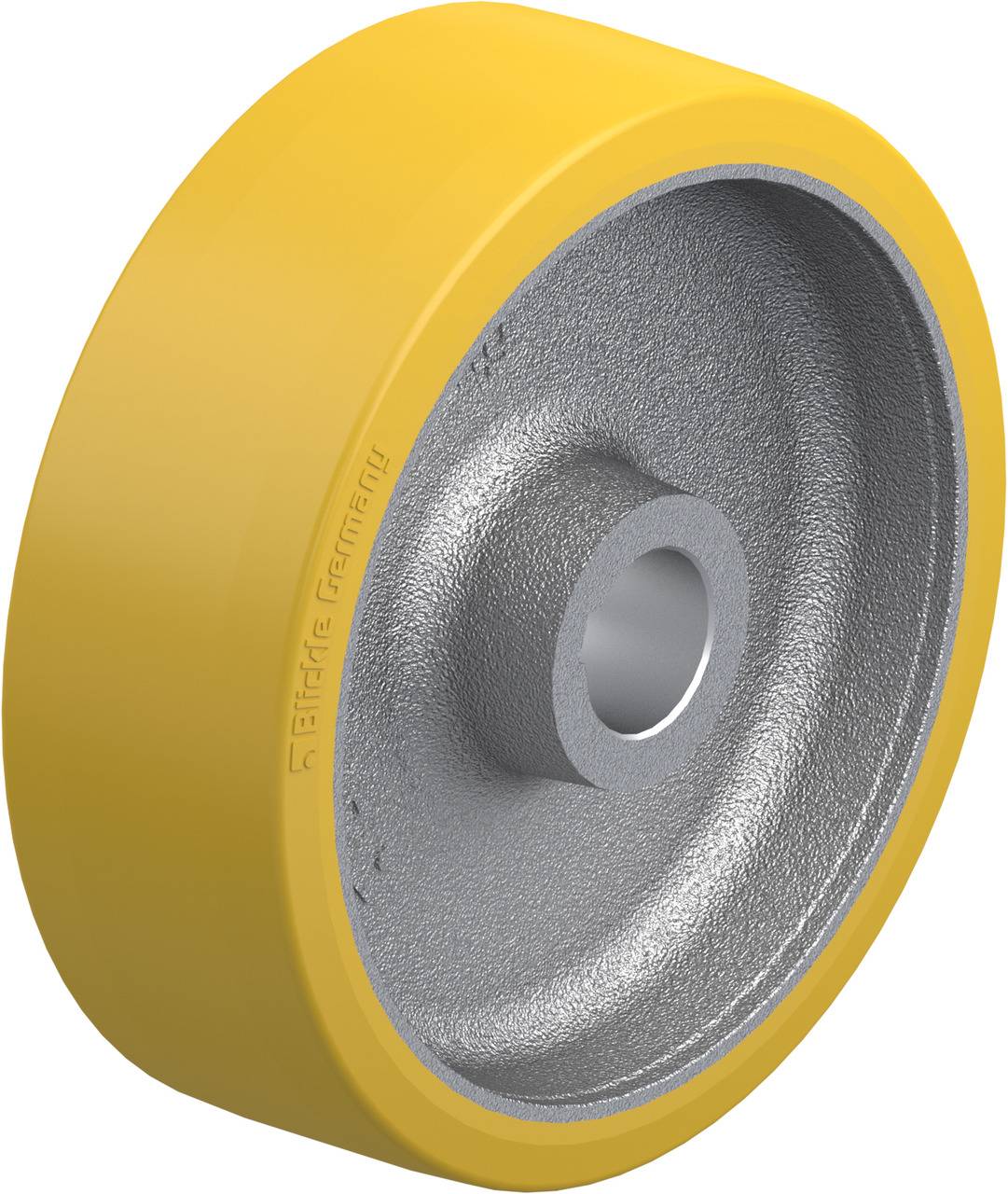 Gelbes Rad aus Metall und Kunststoff, geeignet für Industrieanwendungen, stabile Konstruktion mit grauer Metallnabe.
