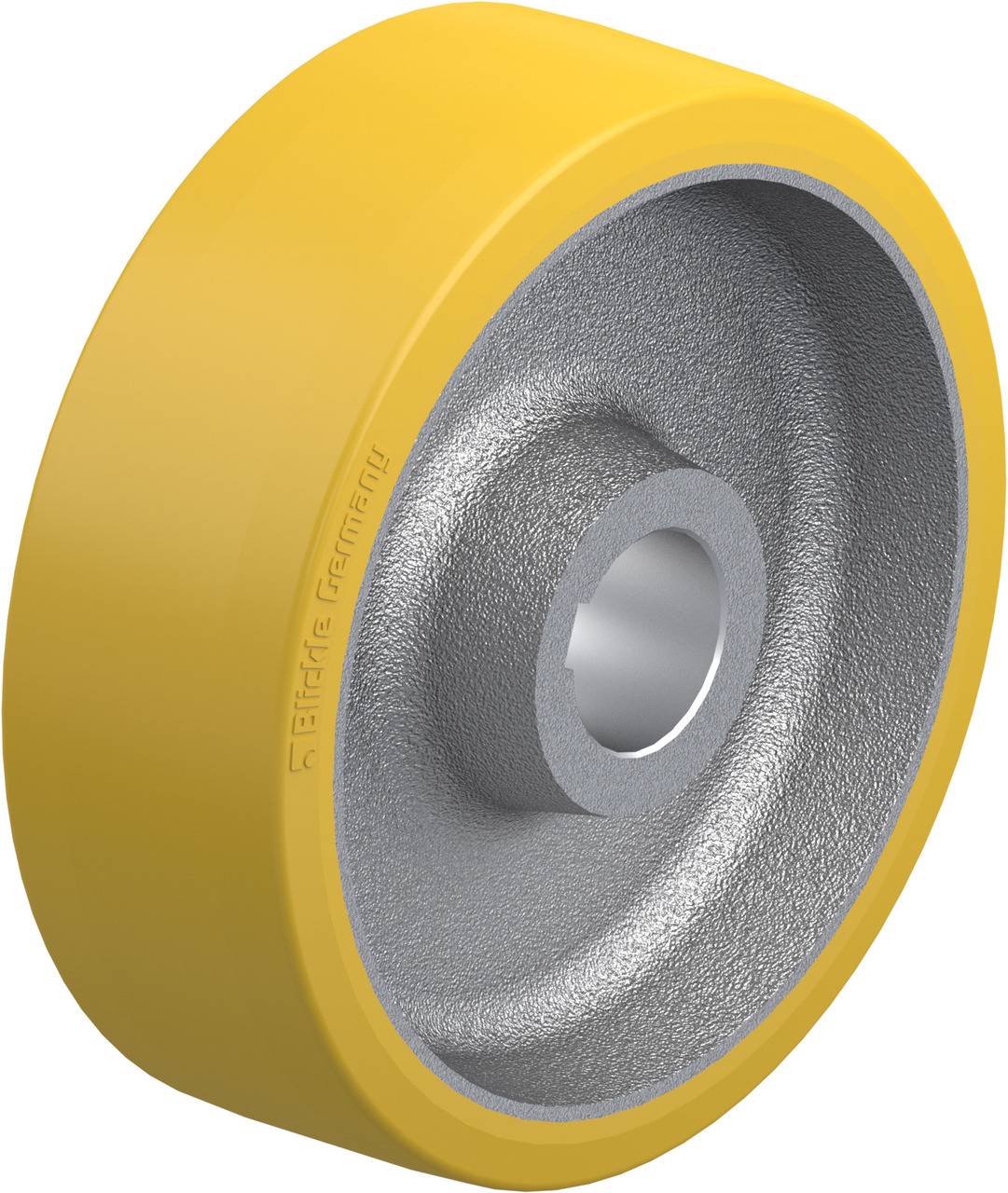 Ein gelbes Lenkrad mit Metallkern, verwendet in Industrieumgebungen für schwere Lasten. Robustes Design und langlebiges Material.