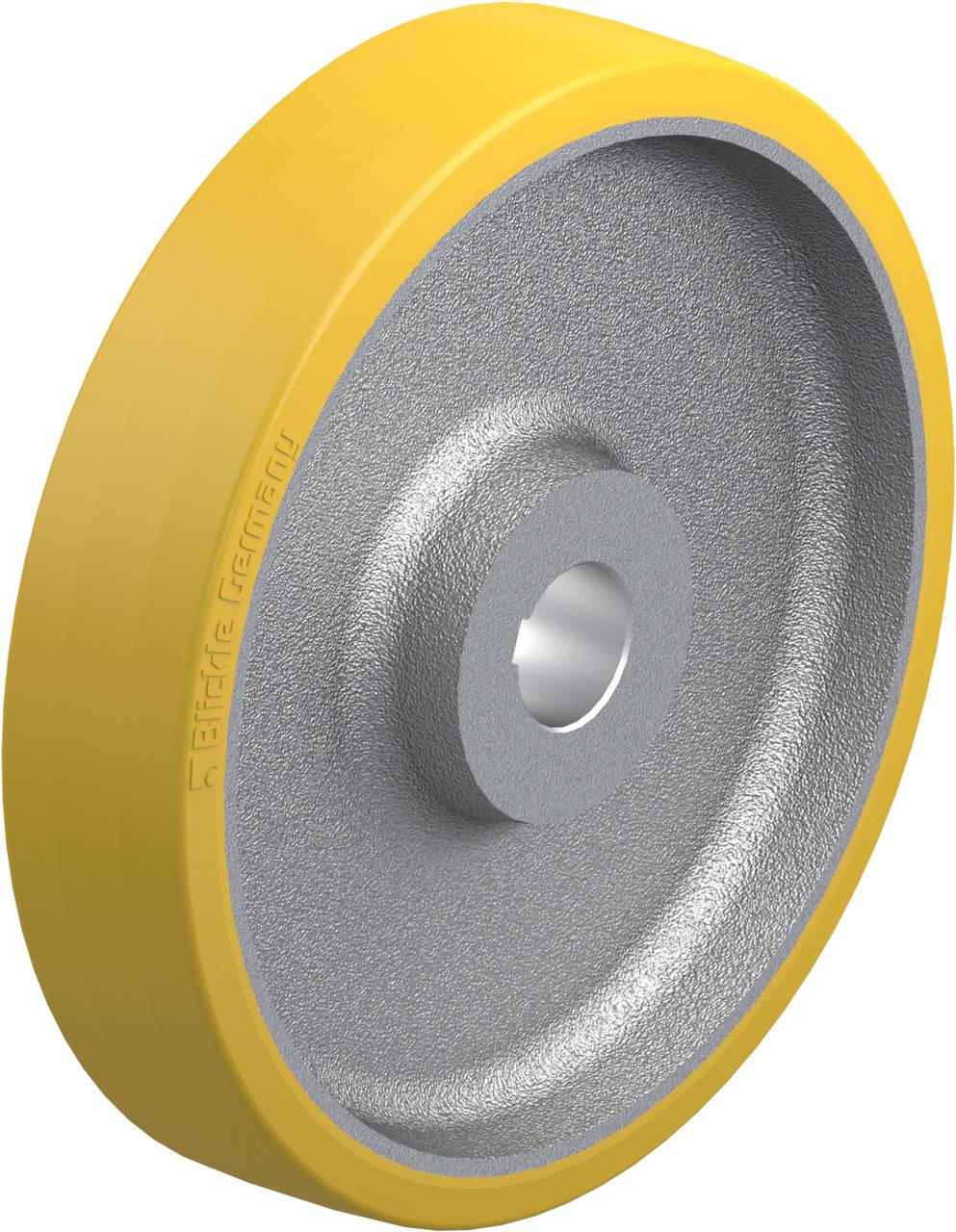 Gelbes Rad mit grauem Metallkern; wird oft in industriellen Anwendungen verwendet; zeigt robustes Design und Haltbarkeit.