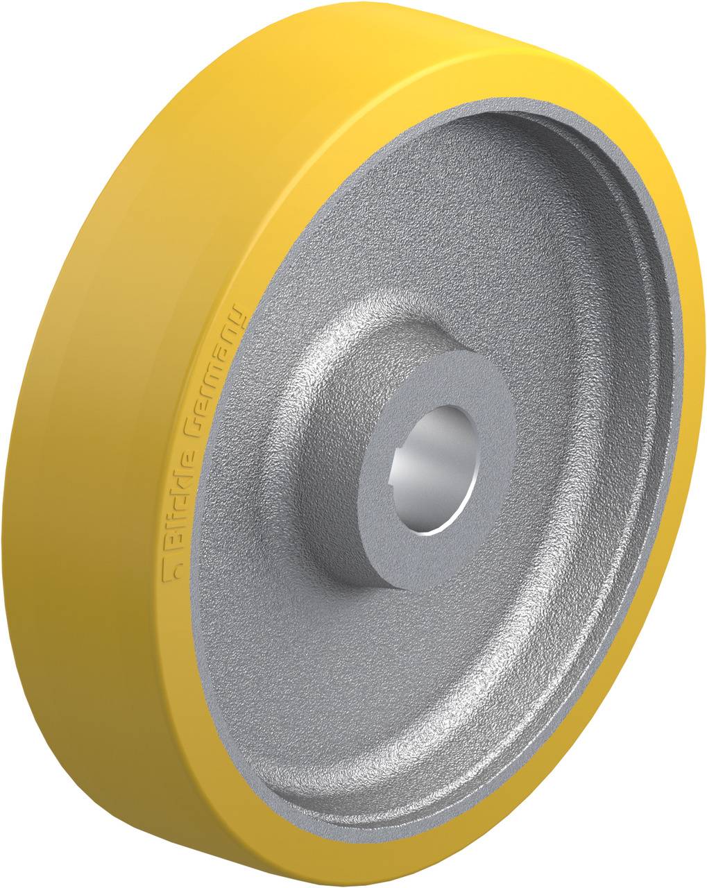 Gelbes Rad mit grauem Metallkern, mittig gebohrt für Montage.