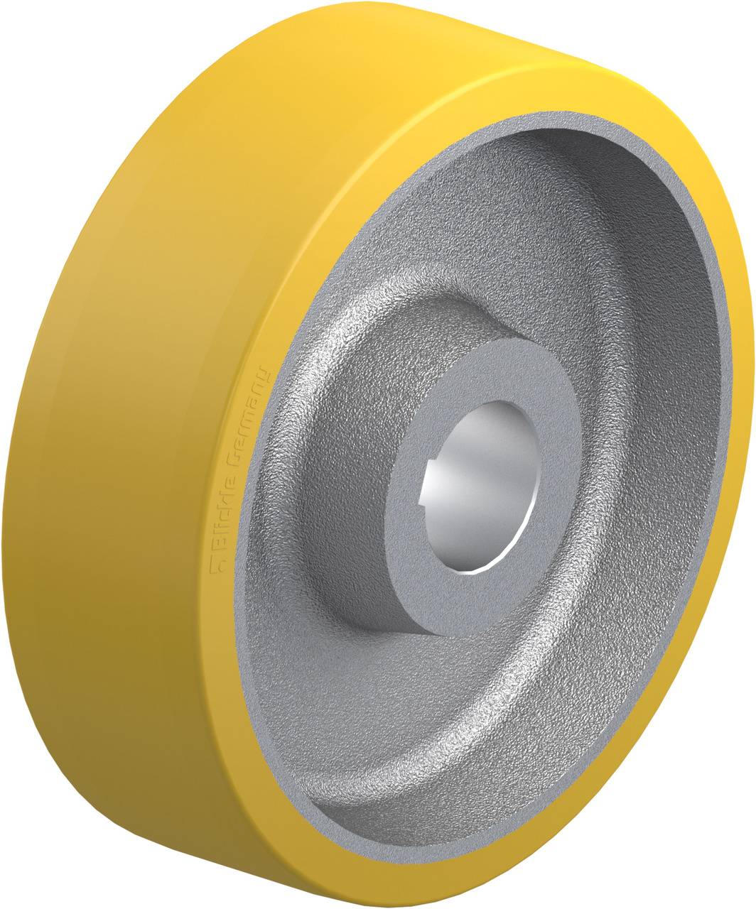 Gelbes Rad mit silbernem Metallkern, vermutlich ein Industrielaufrad, geeignet für Anwendungen im Maschinenbau oder Transport.