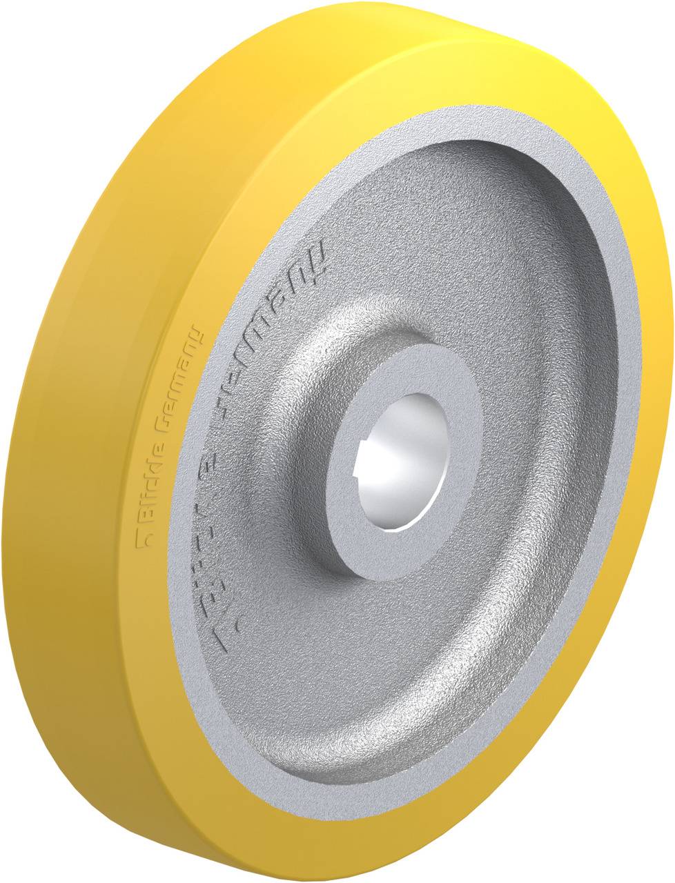 Gelbes, rundes Rad mit silbernem innerem Ring und Mittelloch, symbolisiert Industriespezifikation oder -anwendung.