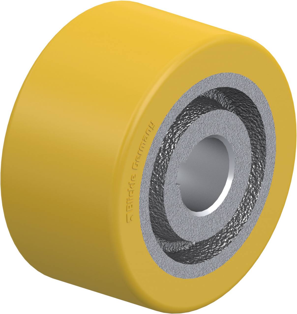 Gelbes Rad aus Kunststoff oder Gummi, mit silbernem Metallkern in der Mitte. Geeignet für industrielle Anwendungen oder Maschinen.