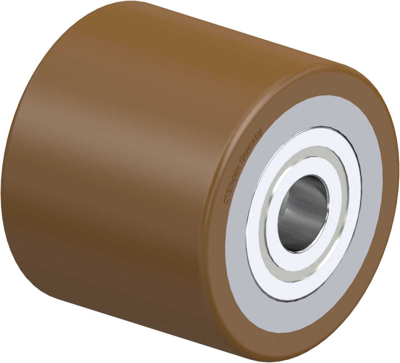 Braunes Rad aus Kunststoff mit Metallkern, vermutlich ein Roll- oder Transportbandrad. Geeignet für industrielle Anwendungen.