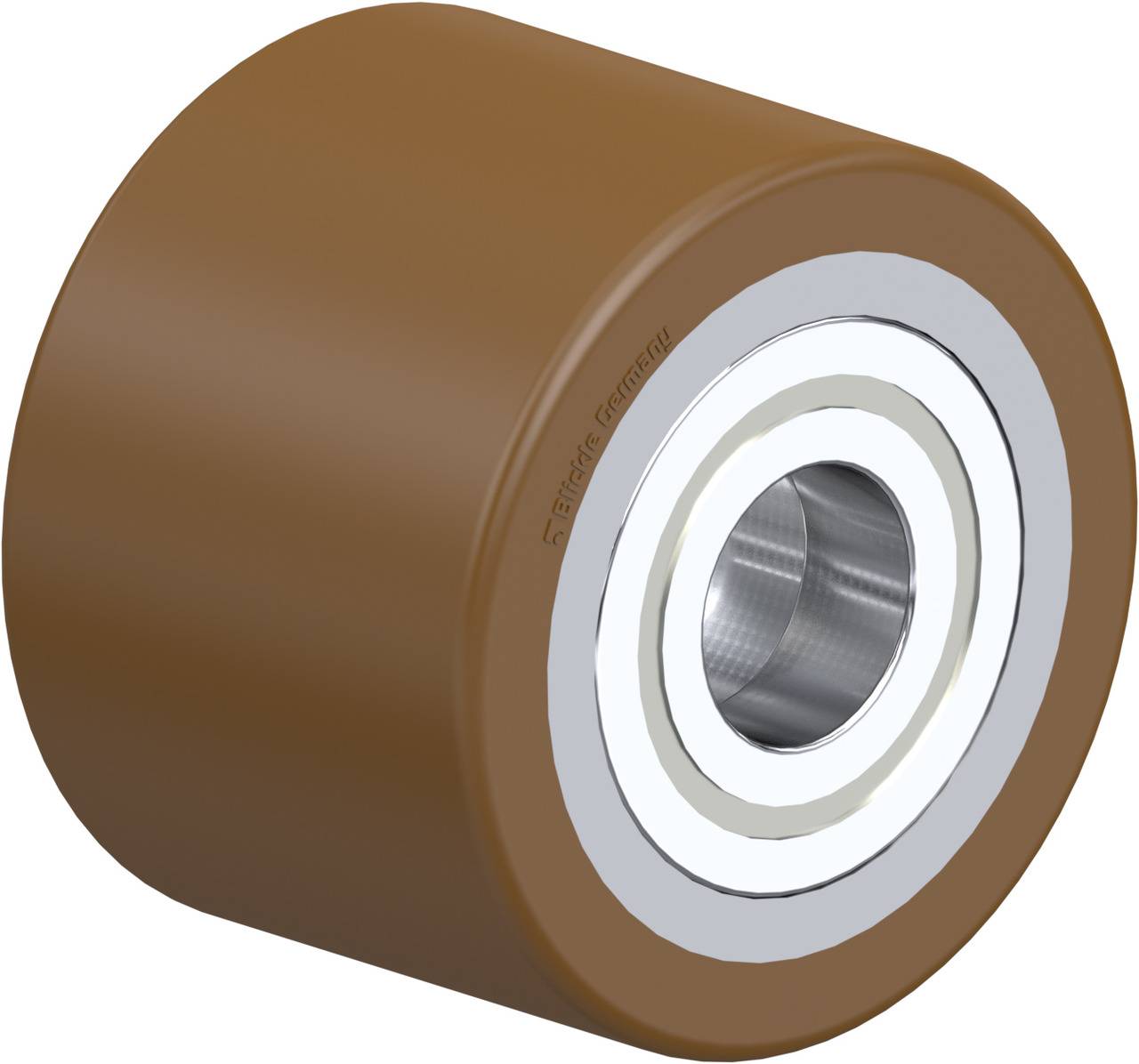 Braunes Kunststoff-Rad mit silbernem Metall-Innenlager, das für Rollen in Maschinen oder Möbelstücken verwendet wird.