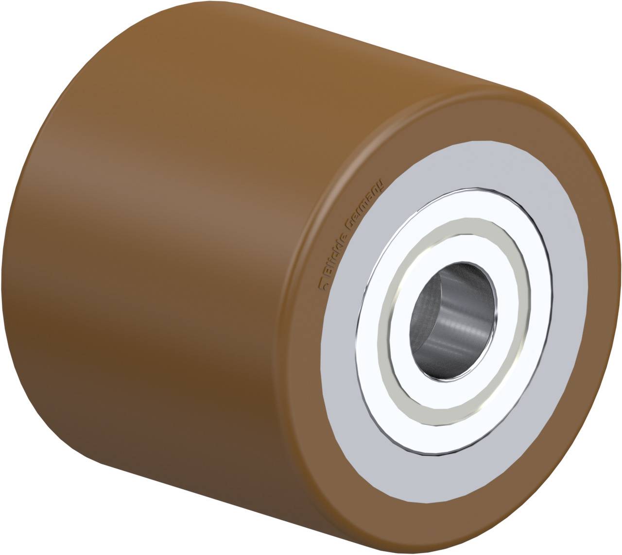 Braunes Rad mit weißem Innenkreis und Metalllager, perspektivische Ansicht. Geeignet für Transportgeräte und Maschinen.