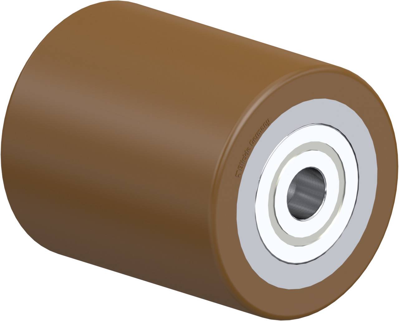 Braunes zylinderförmiges Rad mit silbernem Kern und Lager in der Mitte, wahrscheinlich für technische Anwendungen.