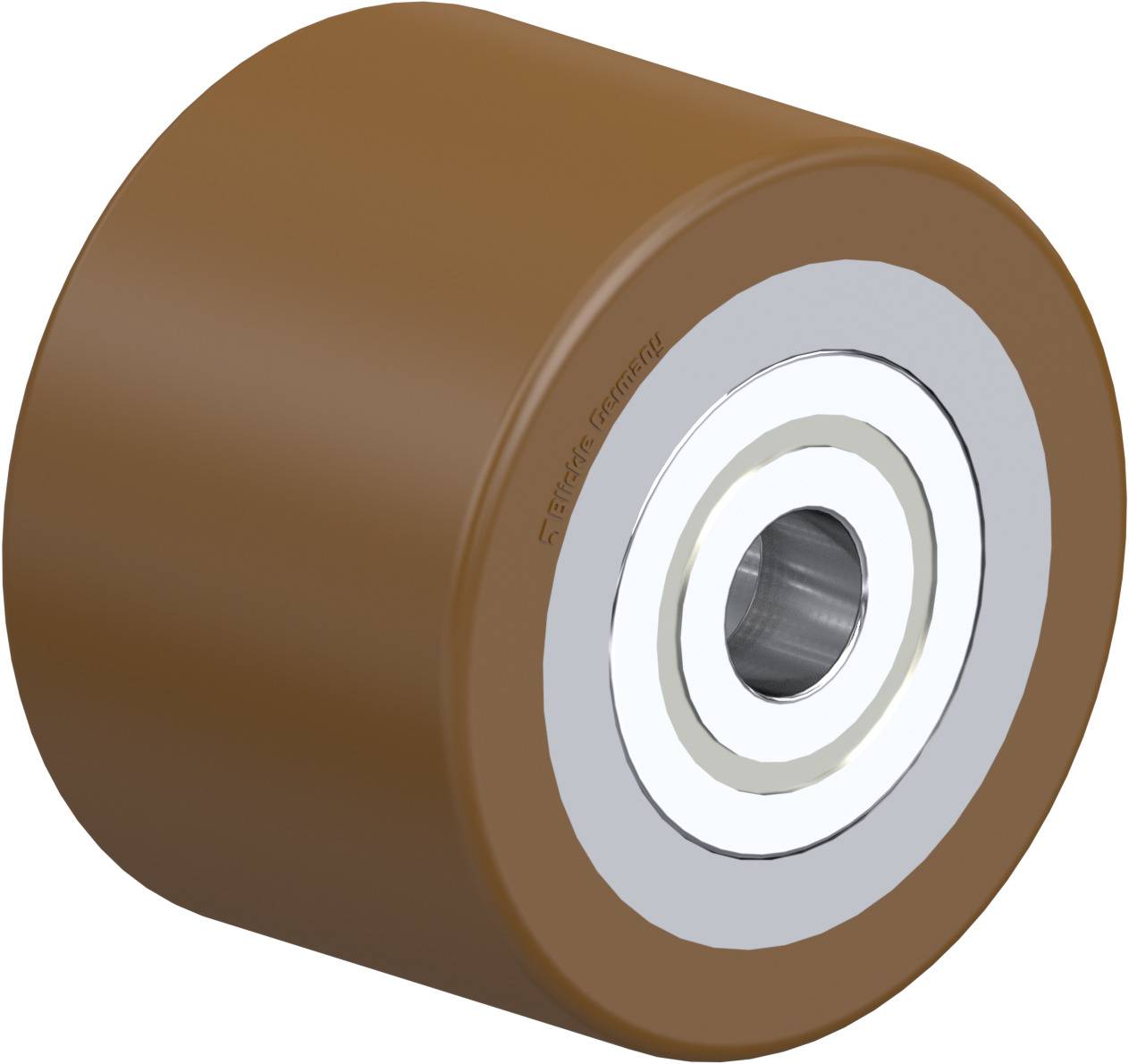 Braunes Kunststoffrad mit silbernem Metallkern und Kugellager, geeignet für industrielle Anwendungen.