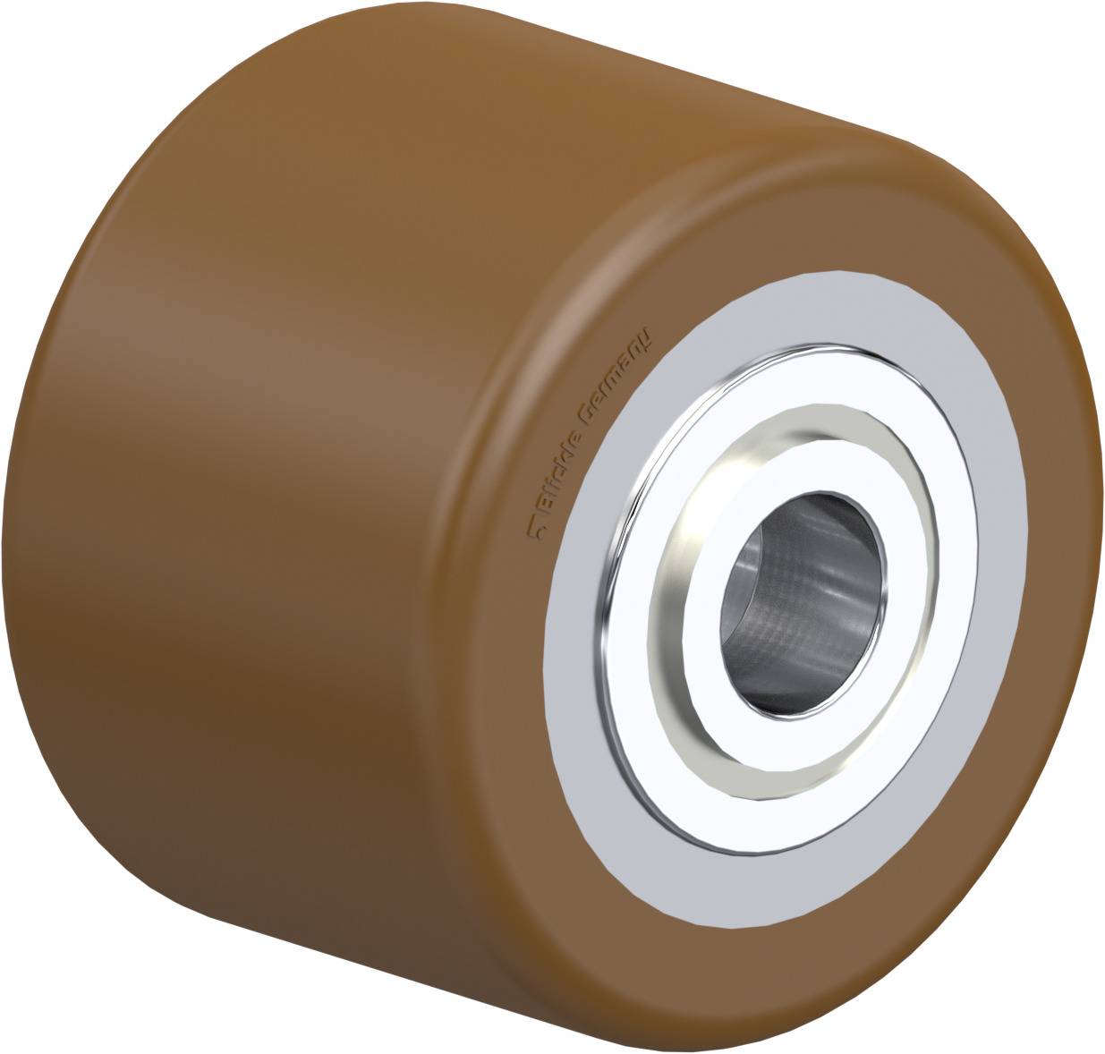 Braunes Rollenrad mit silbernem Metallkern, vermutlich für industrielle Anwendungen, auf weißem Hintergrund.