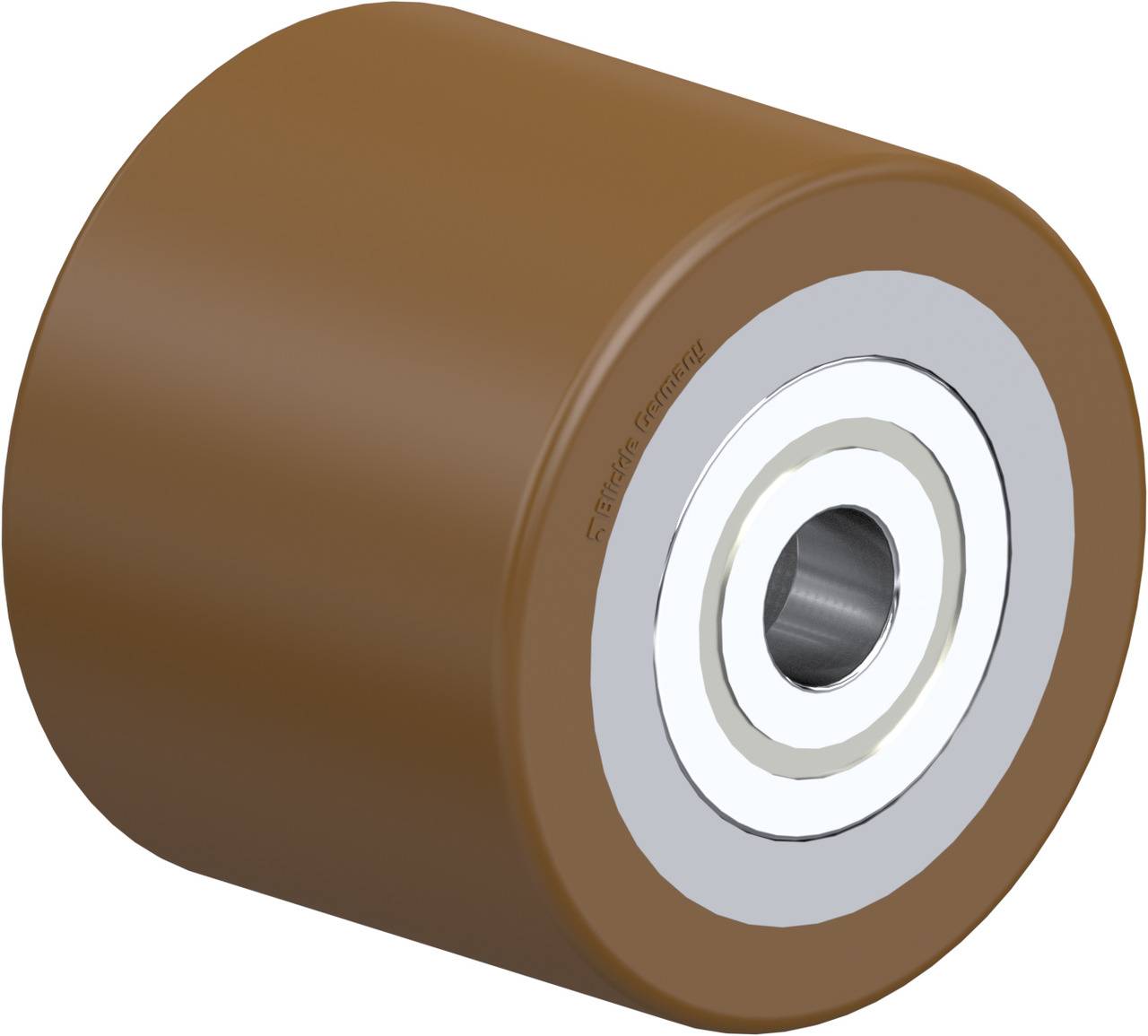 Braunes Gummirad mit Metallkern; wird häufig als Rolle in Maschinen oder Transportgeräten verwendet.