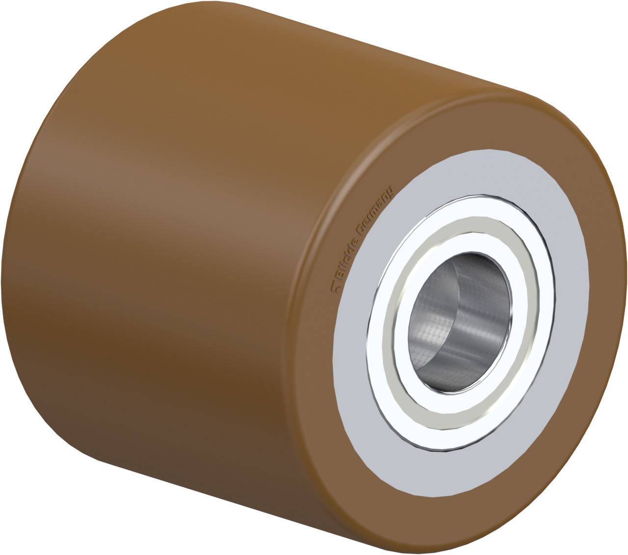 Braunes, zylindrisches Rad mit Metalleinsatz, das als Rollenlager dient.
