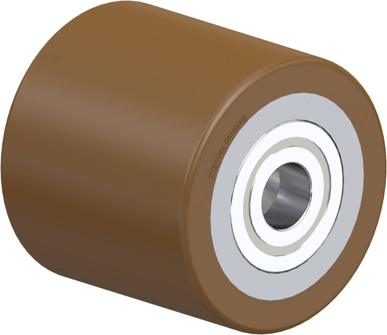 Braunes kugelförmiges Rad mit silbernem Kern, möglicherweise ein Rollelement für Maschinen oder Transportgeräte.