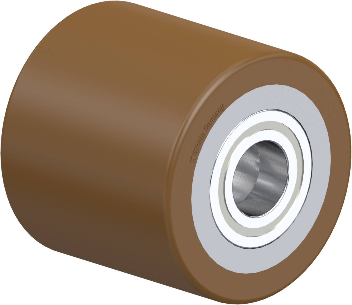 Braunes Rad mit integriertem Metalllager, genutzt für Transport- oder Mobilitätslösungen.