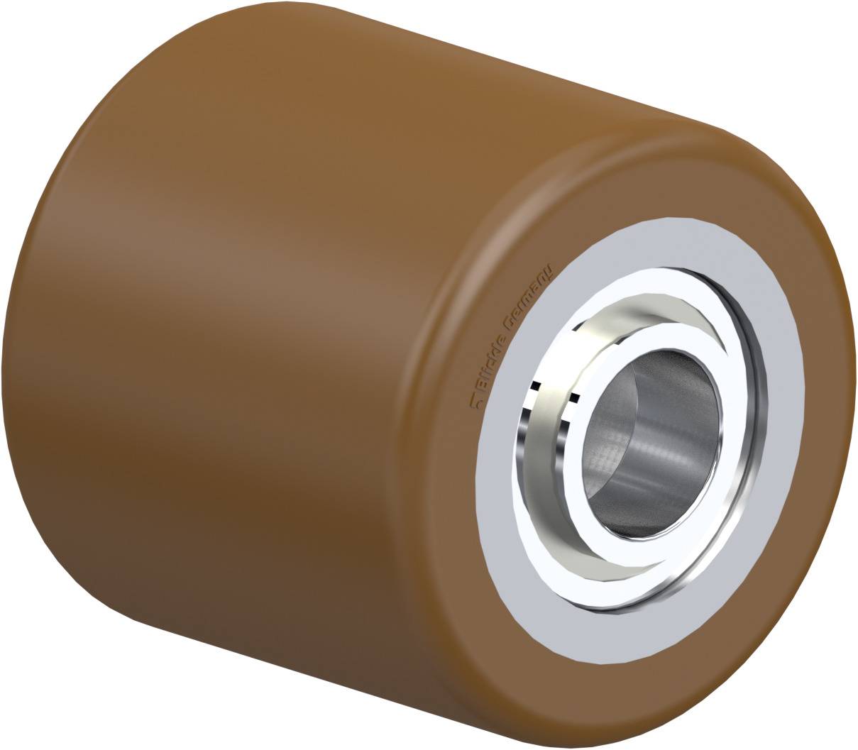 Ein braunes, zylindrisches Rad mit einer silbernen Metallachse in der Mitte.