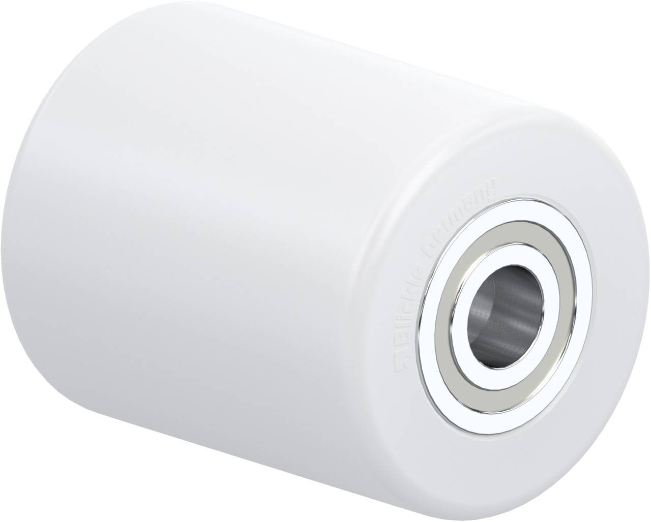 Eine weiße Rolle mit einem Metalllager in der Mitte, möglicherweise Teil eines Transportsystems oder einer Maschinerie.