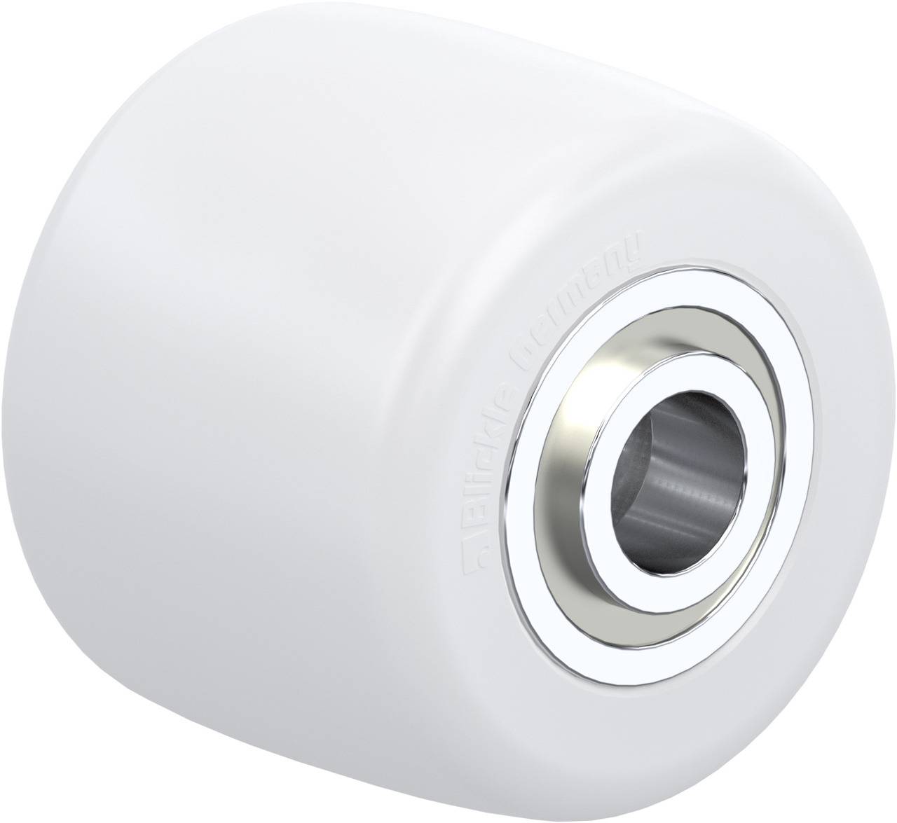 Ein weißes Rollenrad mit Metalllagern, geeignet für Möbel oder Apparate, dargestellt vor einem neutralen Hintergrund.