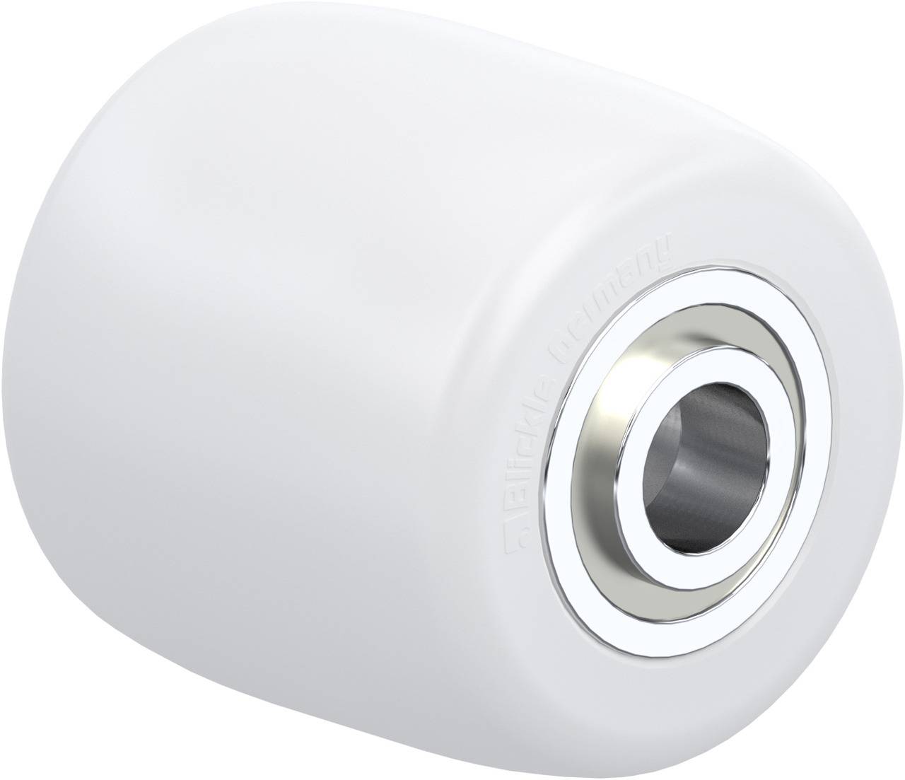 Weiße Rolle mit glänzender Metalllagerung in der Mitte. Häufig genutzt in Transport- und Fördertechnikanwendungen.